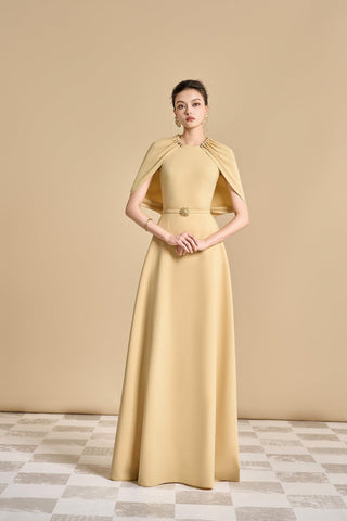 Jasmine A-line Cape Sleeved maxi Dress in yellow beige