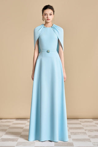 Jasmine A-line Cape Sleeved maxi Dress in light blue