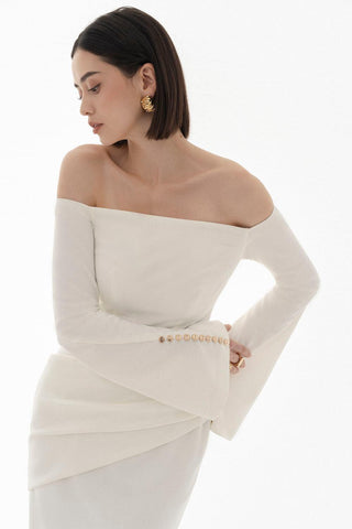 Louisa Sheath Off-Shoulder Spandex Midi Dress