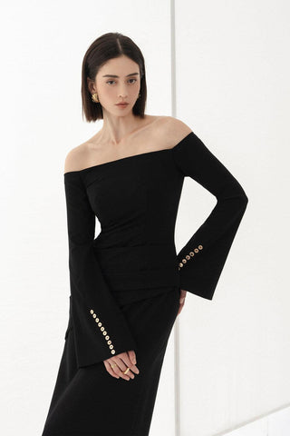 Louisa Sheath Off-Shoulder Spandex Midi Dress