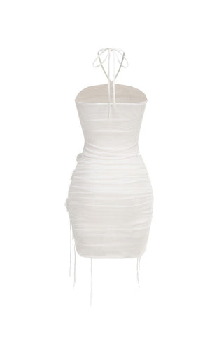helen Halter Ruched Mesh Floral Mini Dress in white