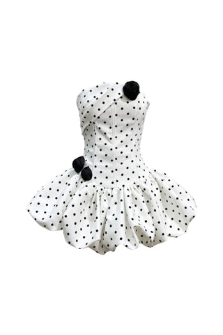 Polka Dot Strapless flower Corset Puff Mini Dress In white