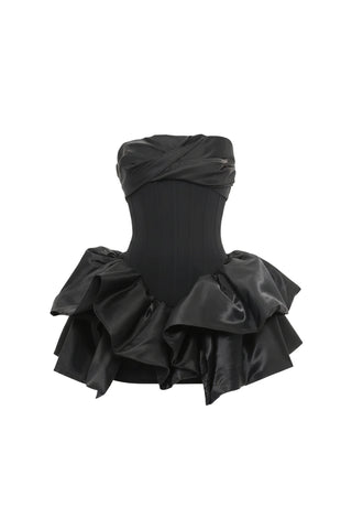 elizabeth Strapless Draped Ruffle mini Dress in Black