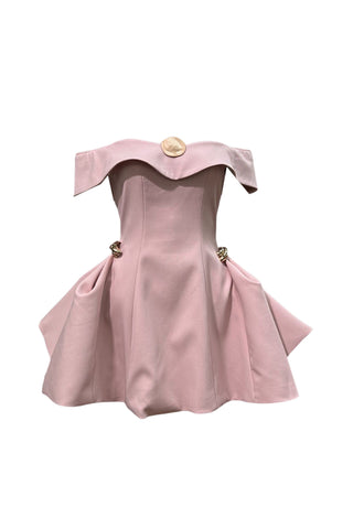 metal detail a-line off-shoulder mini dress in Pink