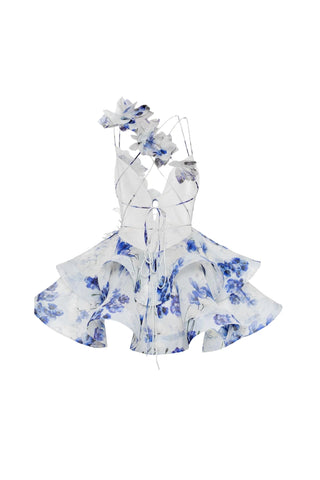 helen 3D Flower Chiffon Ruffle Mini Dress in blue