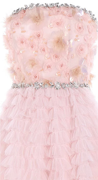Pink Princess layer ruffle midi floral Embroidery strapless Dress