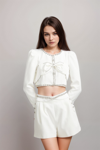 Quilleva embellished cropped jacket & shorts matching set