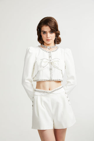 Quilleva embellished cropped jacket & shorts matching set