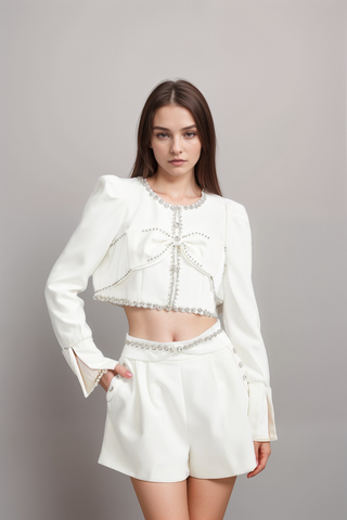 Quilleva embellished cropped jacket & shorts matching set