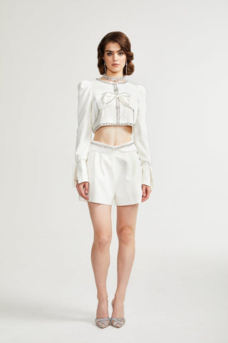 Quilleva embellished cropped jacket & shorts matching set