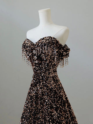 A-Line Off Shoulder Coffee Gold Sequin Dress