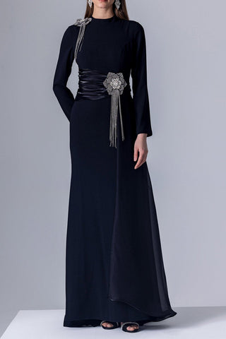 crystal flower Long-sleeve lace pleated maxi dress in blue
