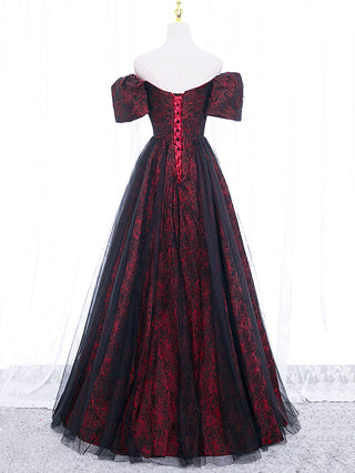 A-Line Tulle Lace Black/burgundy Prom Dress