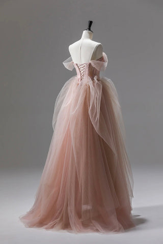 A-Line Off Shoulder Pink Prom Dress