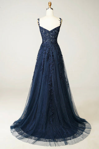 Navy Blue Tulle Lace Spaghetti Straps Dress