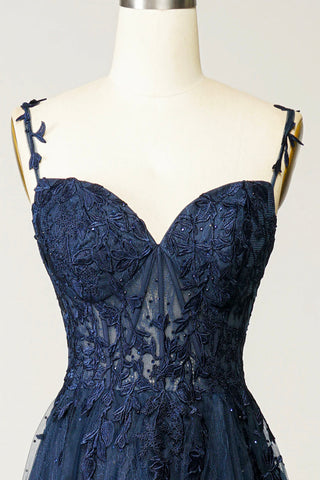 Navy Blue Tulle Lace Spaghetti Straps Dress