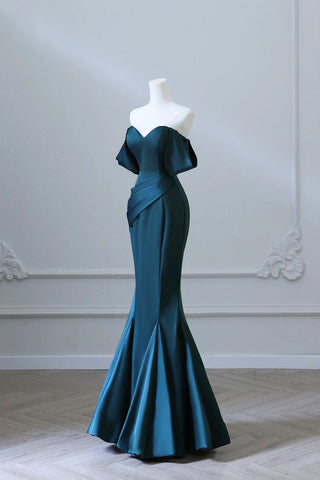 Off Shoulder Satin Ink Blue Prom Dress