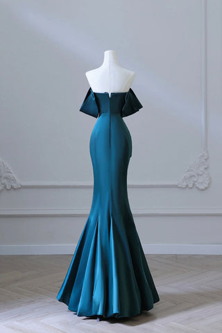 Off Shoulder Satin Ink Blue Prom Dress