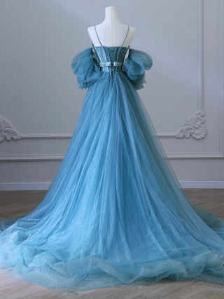 A-Line Neck Tulle Blue Prom Dress