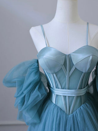 A-Line Neck Tulle Blue Prom Dress