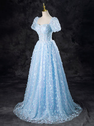 A-Line Tulle Sequin Lace Blue Prom Dress