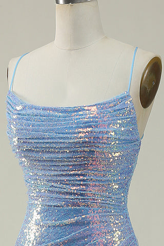 Blue Sequined Spaghetti Straps Mermaid Prom Dress