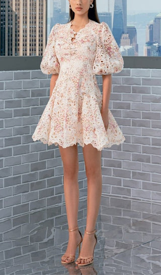 Puff Sleeves Cut-out Backless Floral Mini Dress