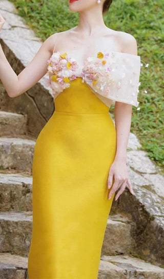 YELLOW FLOWER ONE WORD LED MIDI DRESS-Oh CICI SHOP