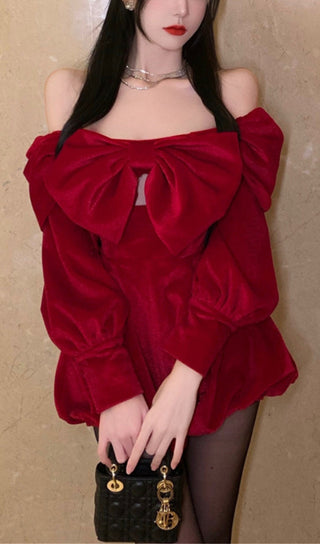 ONE-SHOULDER BOW VELVET MINI DRESS IN RED