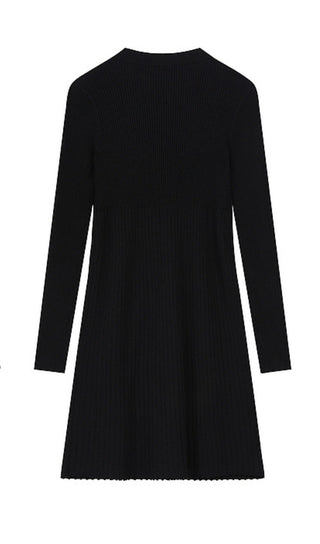 BOW KNITTED LONG SLEEVE MINI DRESS IN BLACK