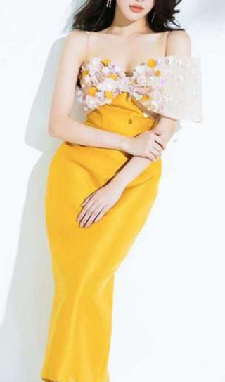 YELLOW FLOWER ONE WORD LED MIDI DRESS-Oh CICI SHOP