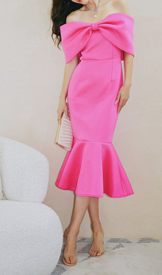 PINK BOW ONE-SHOULDER MIDI DRESS