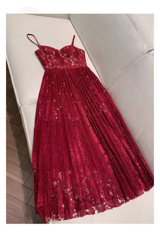 HOLLOW LACE SUSPENDER MIDI DRESS IN RED