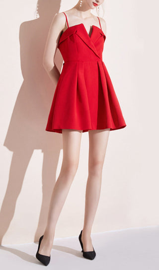 V-NECK OFF-THE-SHOULDER STRAP MINI DRESS IN RED