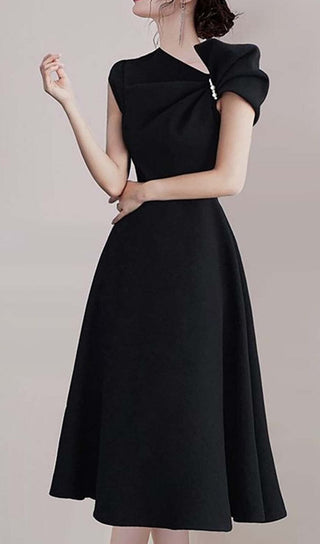 ASYMMETRIC SLEEVE PEARLS MIDI DRESS IN BLACK DRESS OH CICI