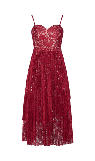 HOLLOW LACE SUSPENDER MIDI DRESS IN RED