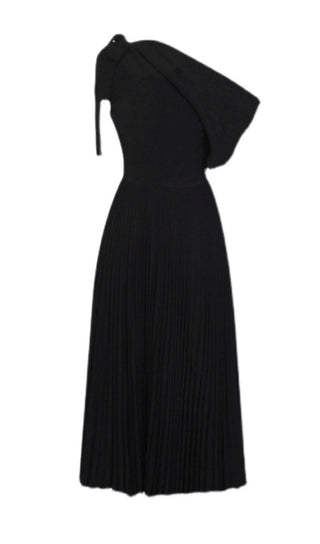 ASYMMETRICAL SLOPE NECK PLEATED MIDI DRESS IN BLACK