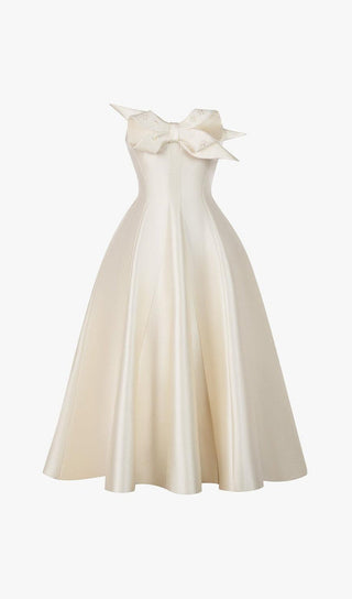 BEIGE FLARED SEMI-HEART NECK TAFFETA MIDI DRESS