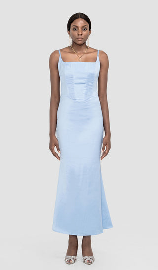 SATIN CORSET MAXI DRESS IN BLUE