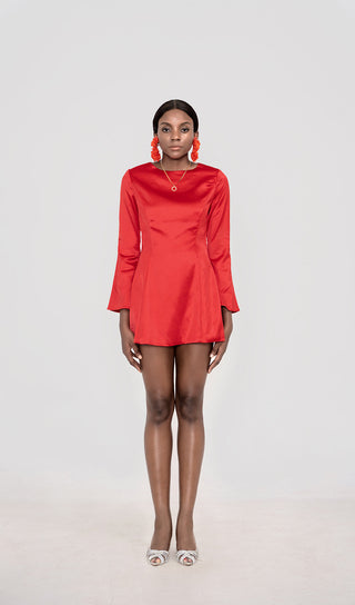 RANDA RED SATIN LONG SLEEVE MINI DRESS