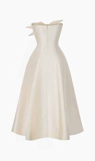 BEIGE FLARED SEMI-HEART NECK TAFFETA MIDI DRESS