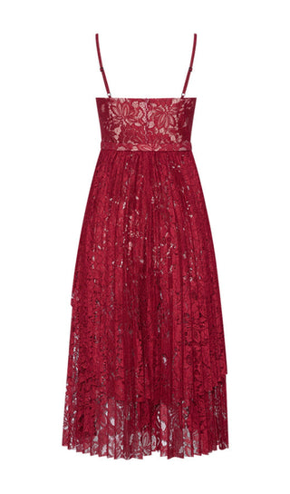 HOLLOW LACE SUSPENDER MIDI DRESS IN RED