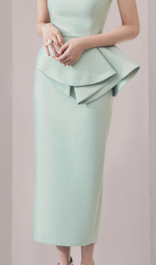 RUFFLE HIP WRAP MIDI DRESS IN MINT GREEN