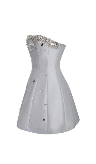 GREY CRYSTAL-EMBELLISHED STRAPLESS MINI DRESS