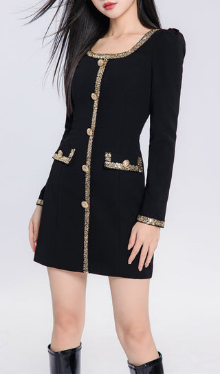 GOLD TRIM LONG SLEEVE MINI DRESS IN BLACK