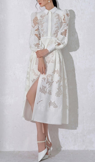 WHITE LACE EMBROIDERED FULL HEM MIDI DRESS