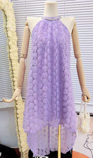 3D PURPLE ROSE HALTER NECK BACKLESS MIDI DRESS