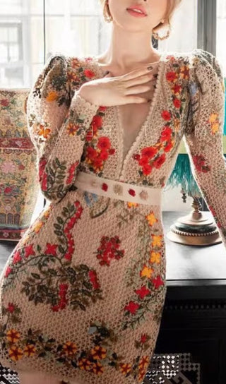 FLOWER EMBROIDERY MINI DRESS