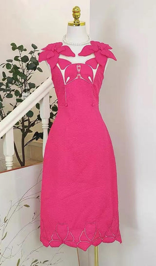 PINK JACQUARD EMBROIDERY MIDI DRESS-Oh CICI SHOP