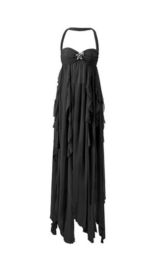 LACE IRREGULAR MAXI DRESS IN BLACK